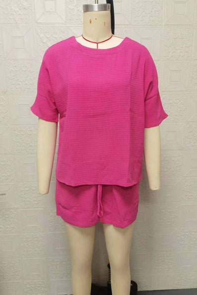 Casual Drawstring Top and Shorts Set: BLACK / L