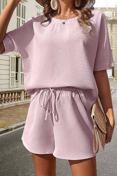 Casual Drawstring Top and Shorts Set: LIGHT GREEN / XL