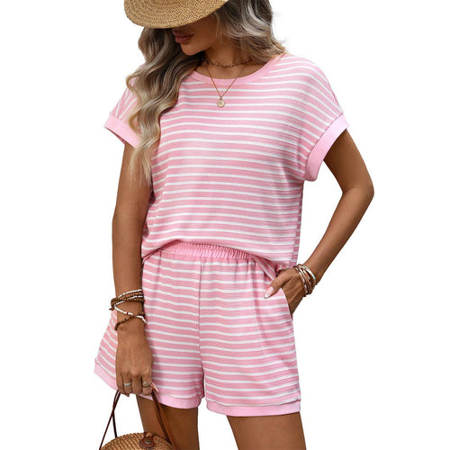 Round neck stitching shorts fashion casual suit: Pink / (L) 1