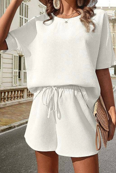 Casual Drawstring Top and Shorts Set: ROSE RED / L