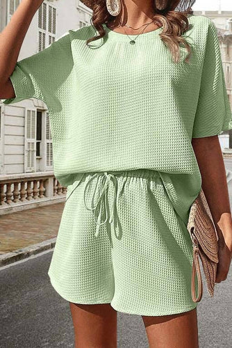 Casual Drawstring Top and Shorts Set: ROSE RED / L