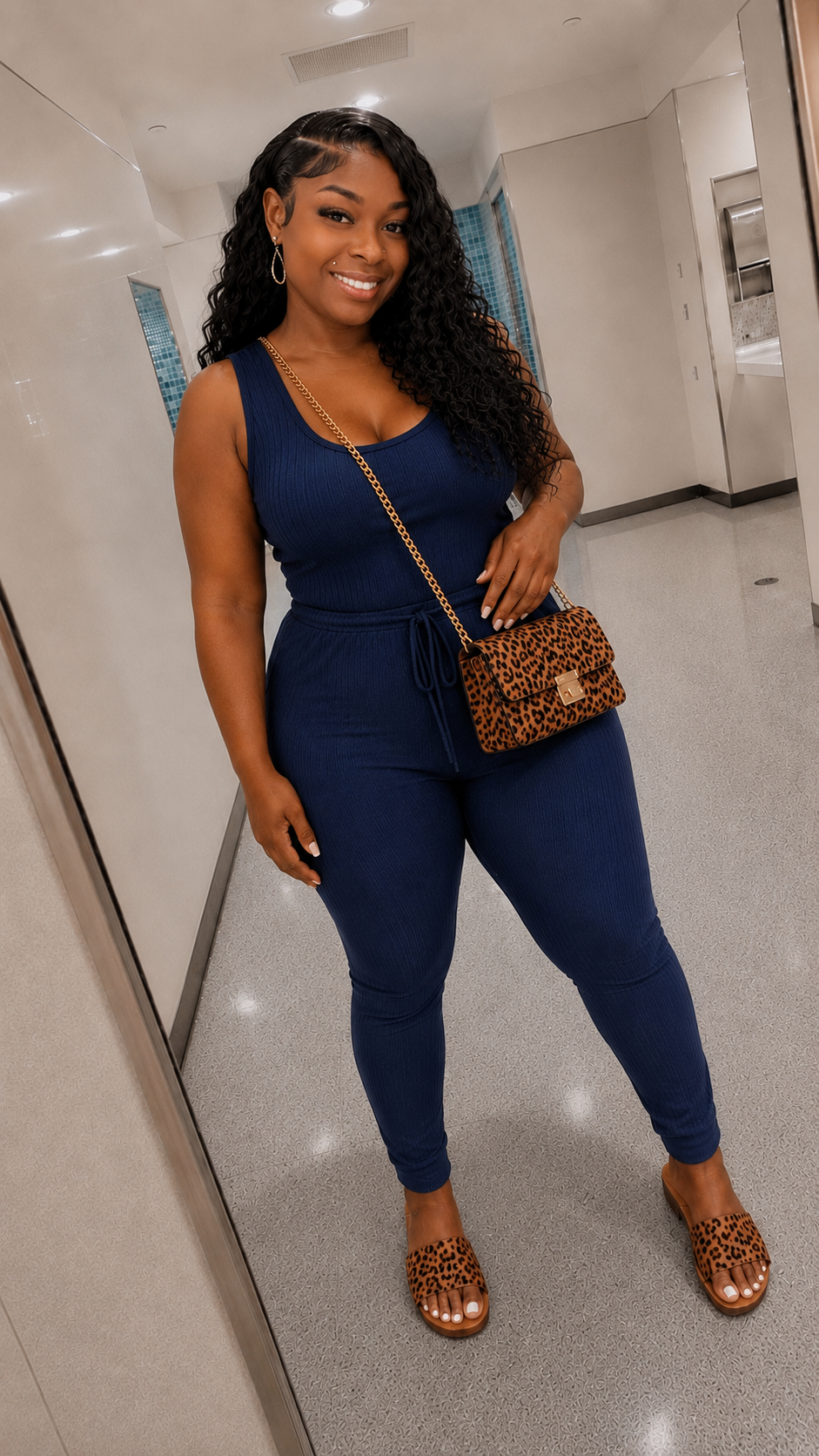 Monet Plus Ribbed Sleeveless Drawstring Jumpsuit ( NAVY )