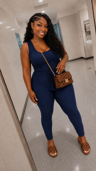Monet Plus Ribbed Sleeveless Drawstring Jumpsuit ( NAVY )