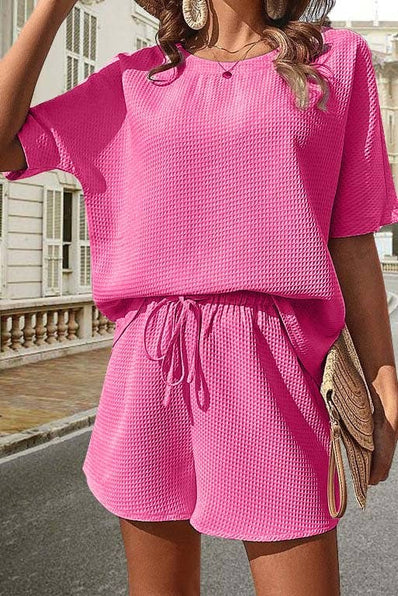 Casual Drawstring Top and Shorts Set: KHAKI / XL