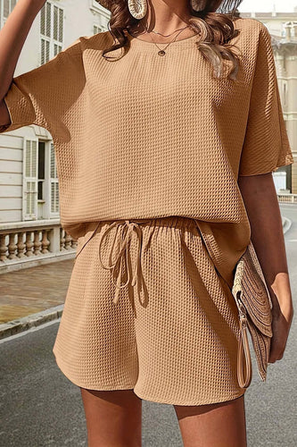 Casual Drawstring Top and Shorts Set: KHAKI / XL