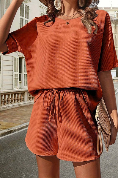 Casual Drawstring Top and Shorts Set: ROSE RED / L